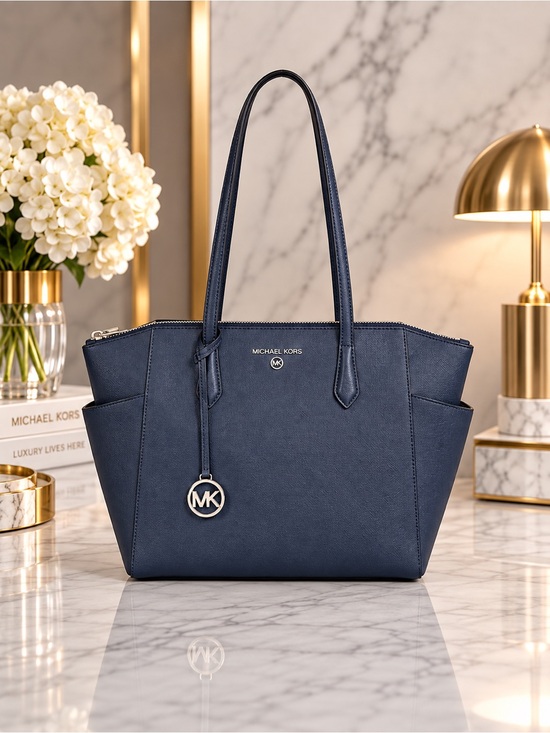 Michael Kors Handbags - Michael Kors Marilyn Medium Saffiano Leather Tote Bag Navy Blue Silver Hardware
